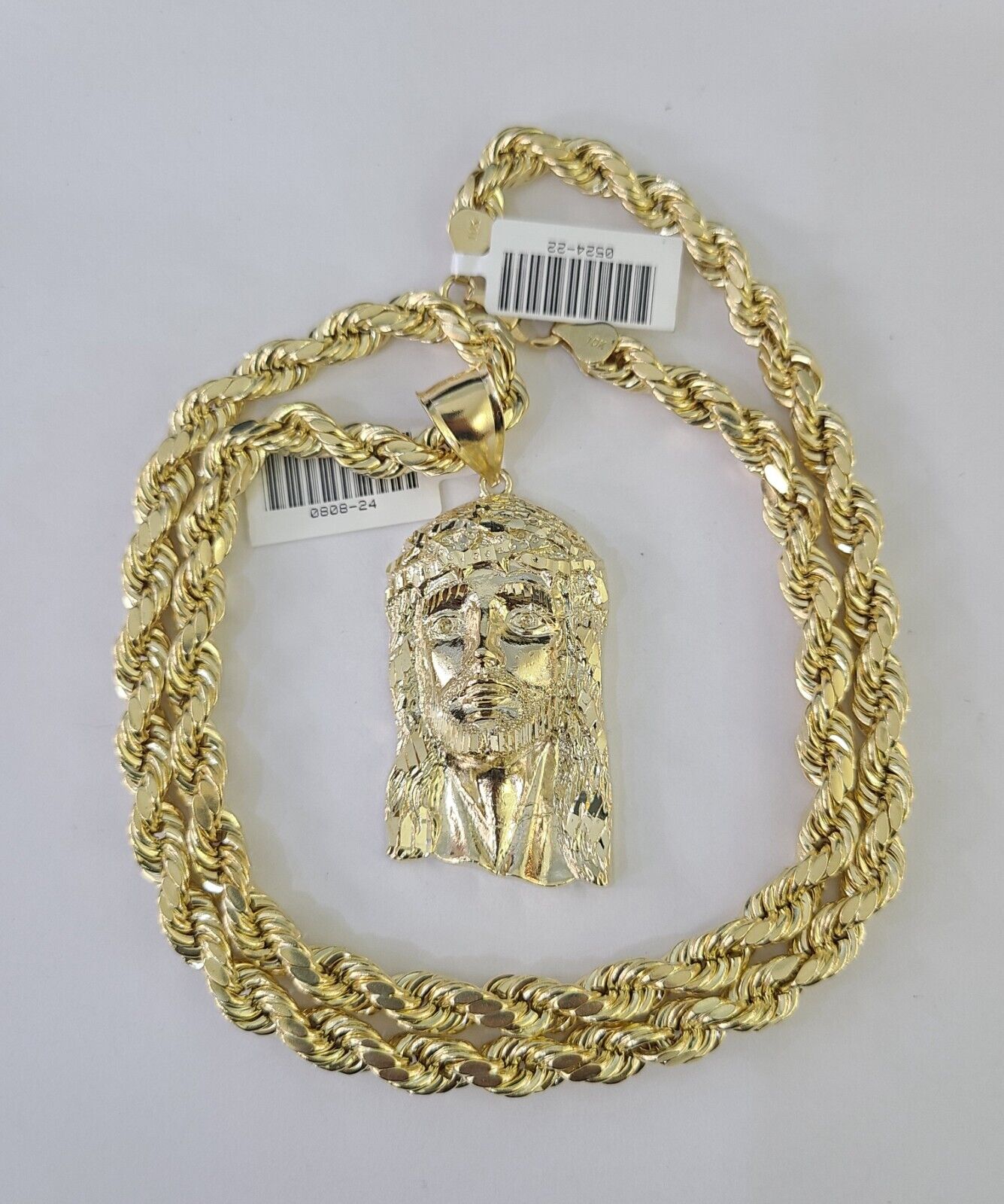 10k Yellow Gold Rope Chain Jesus Head Charm Pendant 18-30'' Inch 7mm  Necklace