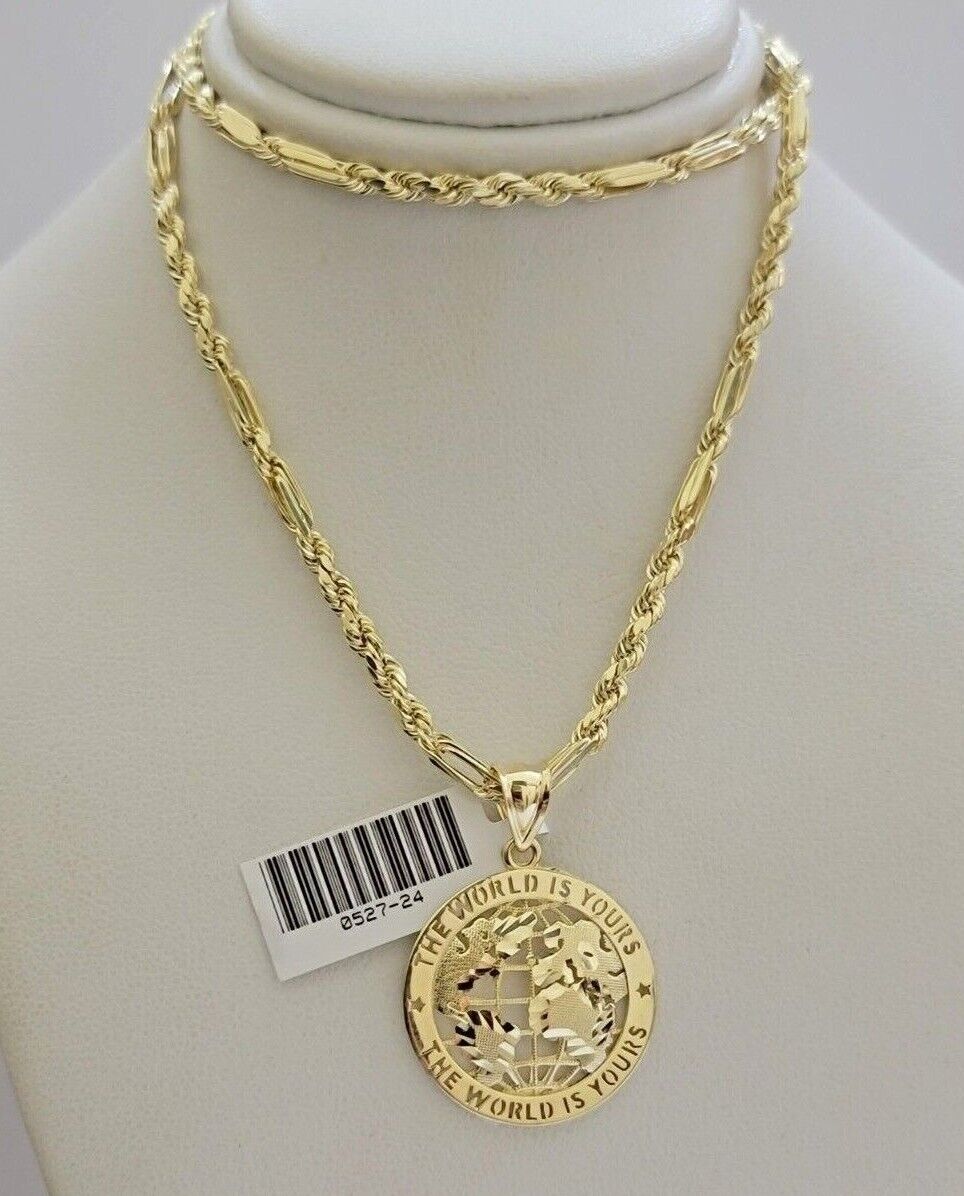 Real 10kt Gold Milano Rope Chain World Map Charm Pendant Set 18-24 Inch Necklace