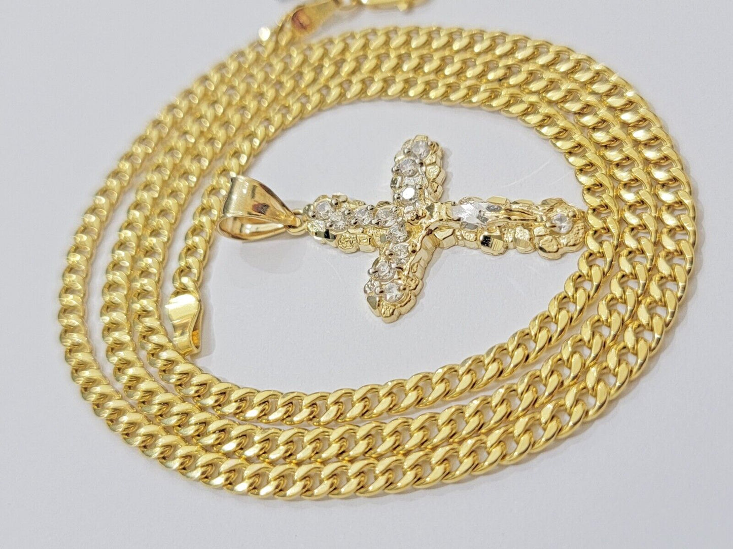 Real 10k Gold Cross Charm Pendant Chain SET 18-26" Miami Cuban Link Necklace Men