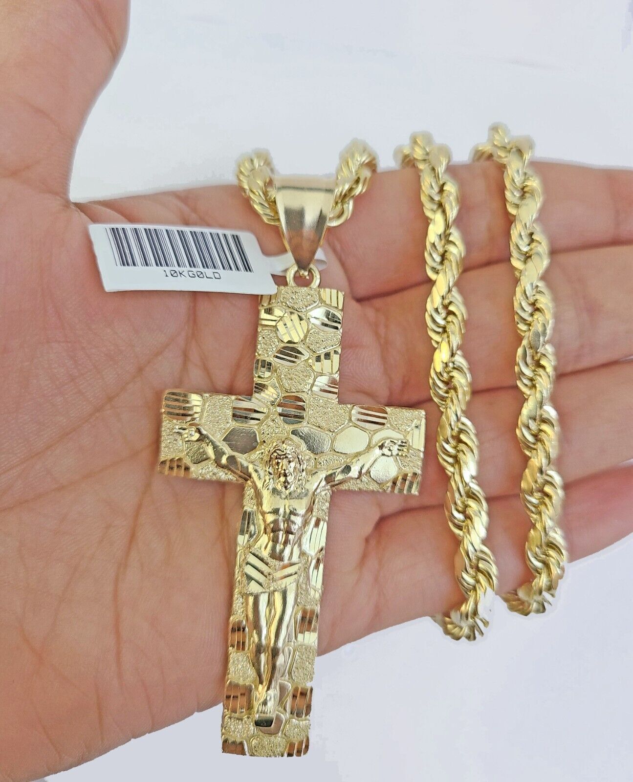 Real 10k Gold Rope Chain Necklace Jesus Cross Charm Pendant Set 20-28" inch 5mm