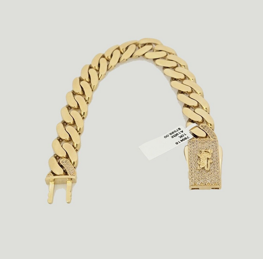 10k Yellow Gold Monaco Style Bracelet 7.5 Inches 13mm Real 10kt CZ Lock For SALE