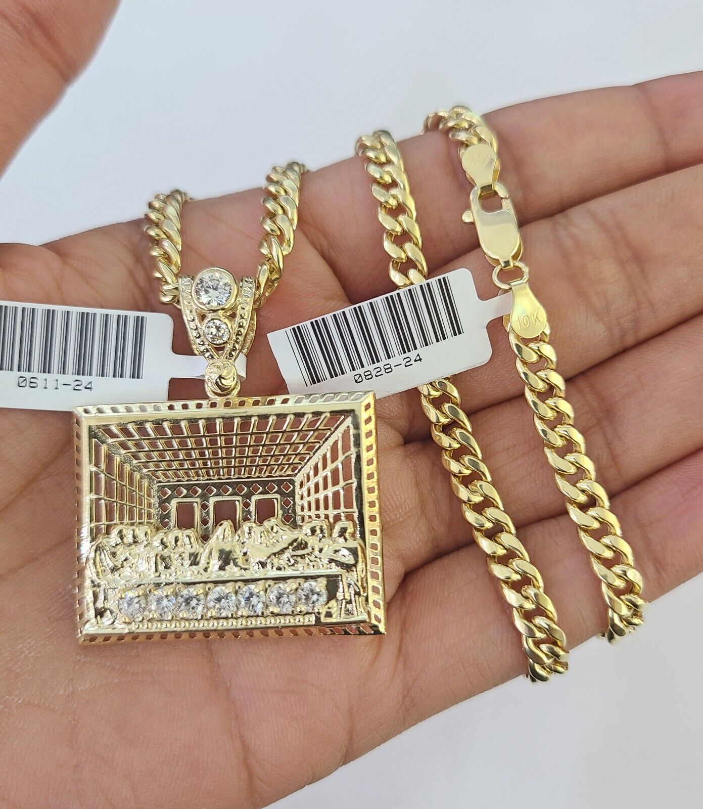 10k Gold Chain Last Supper Pendant Set Miami Cuban link Necklace 5mm 20-30 Inch