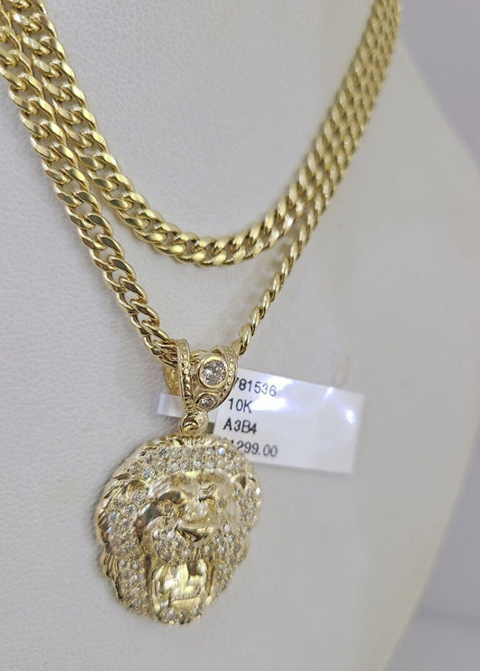 10k Gold Chain Lion Pendant Set Miami Cuban Necklace 4mm 18"-26" Charm