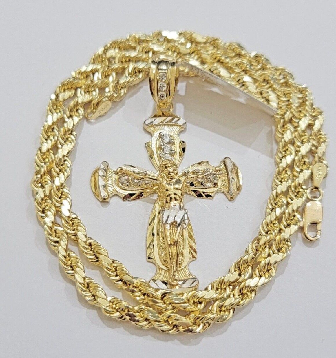 Real 10k Gold Chain Charm Set Jesus Cross Pendant Rope Necklace 5mm 18"-28" Mens