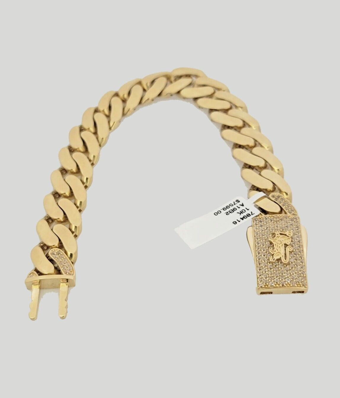 10k Yellow Gold Monaco Style Bracelet 7.5 Inches 13mm Real 10kt CZ Lock For SALE