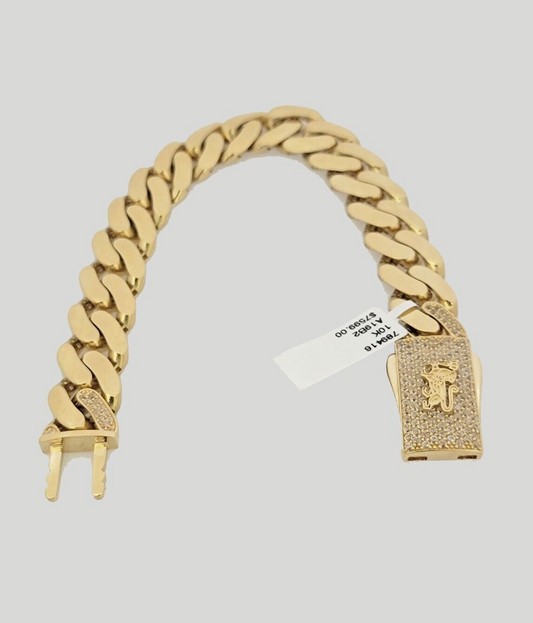 10k Yellow Gold Monaco Style Bracelet 7.5 Inches 13mm Real 10kt CZ Lock For SALE