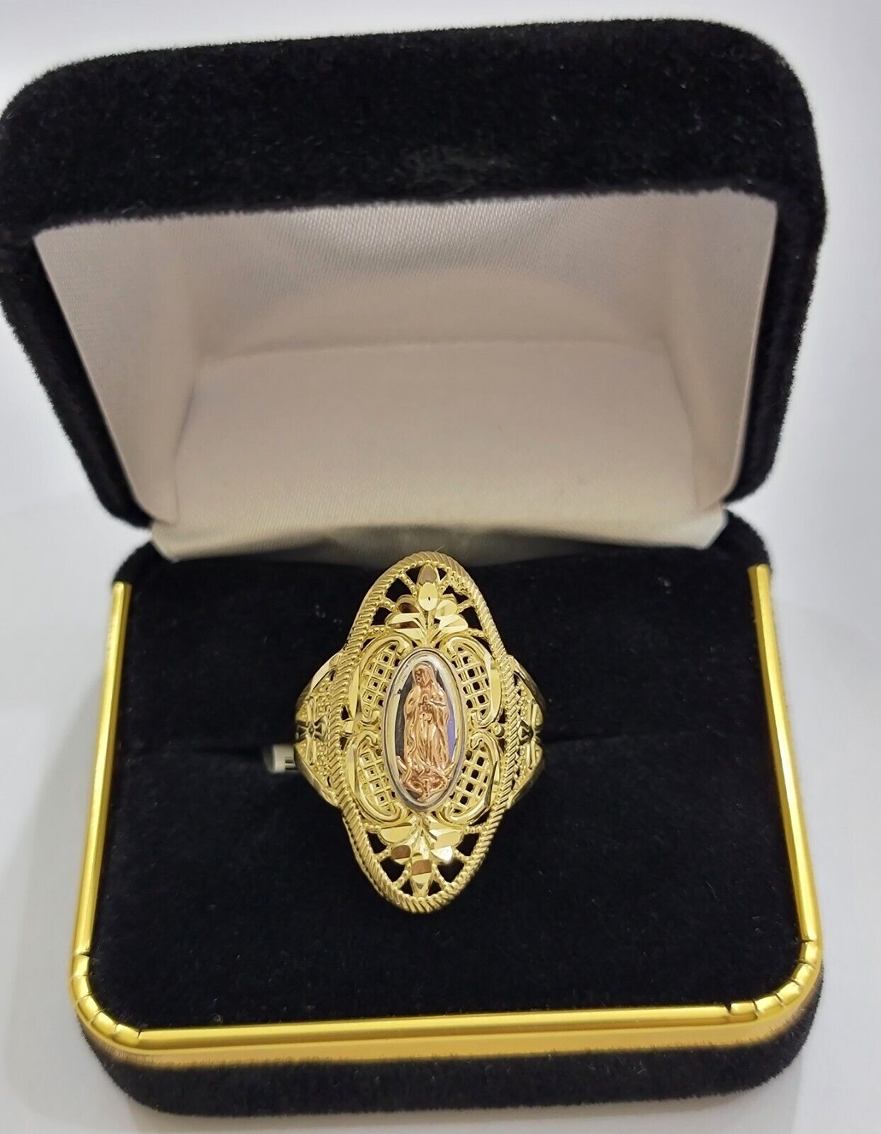 Ladies Ring 10k Yellow Gold Virgin Mary Cross 10KT REAL Gold Unique Size 5.5 END