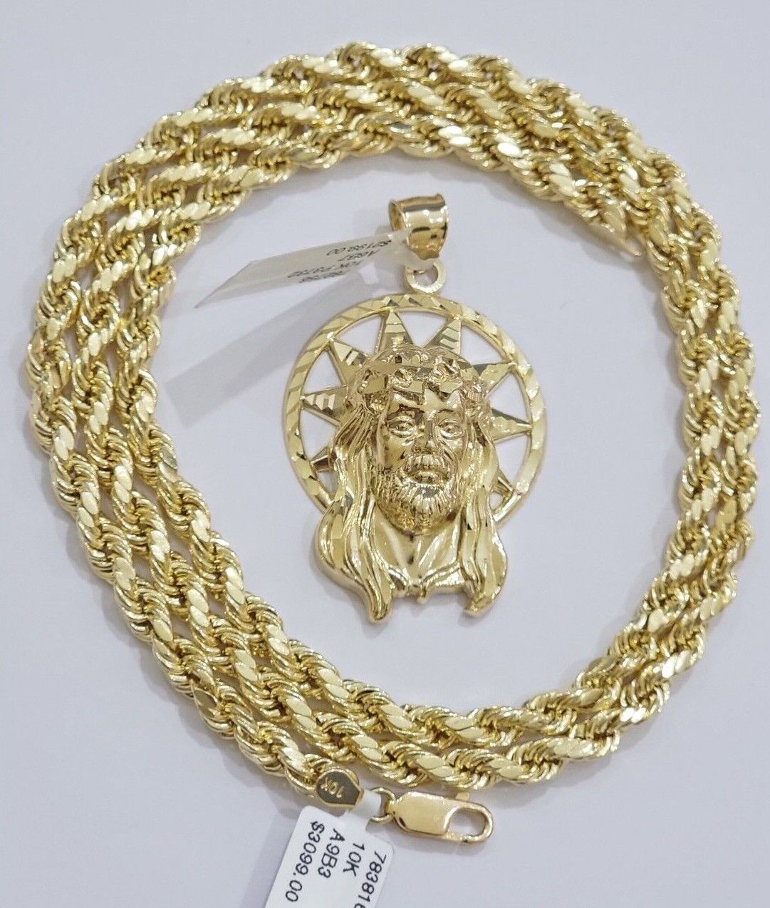 10kt Gold Rope Chain Jesus Head Charm Pendant Set 18-30'' Inch 5mm Necklace SALE