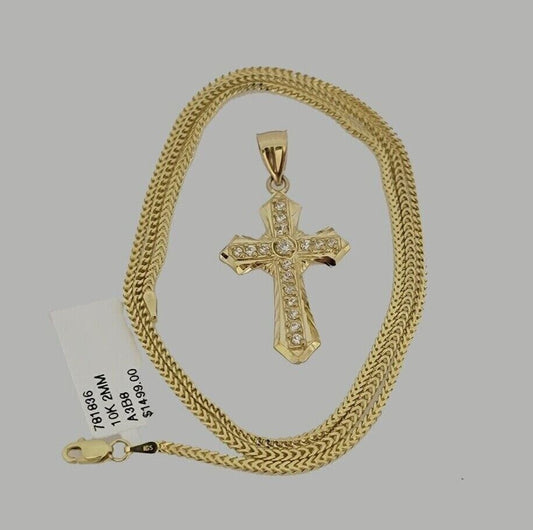 10k Yellow Gold Franco Chain Jesus Cross Charm Pendant 2mm 16-24 Inches Necklace