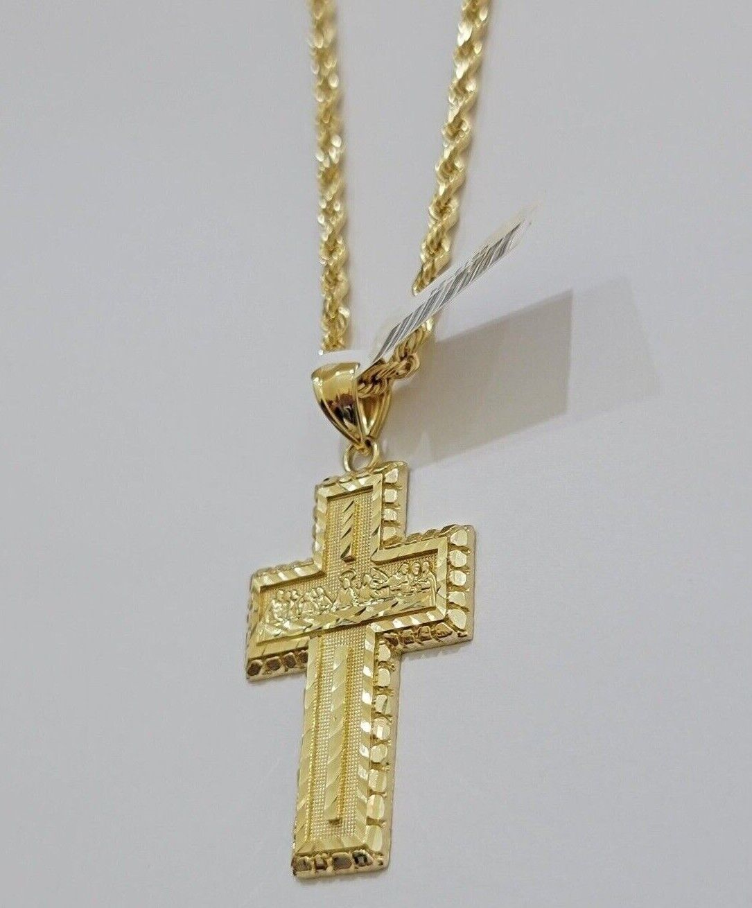 10k Yellow Gold Rope Chain Last Supper Cross Charm Pendant 18-28'' Inch Necklace