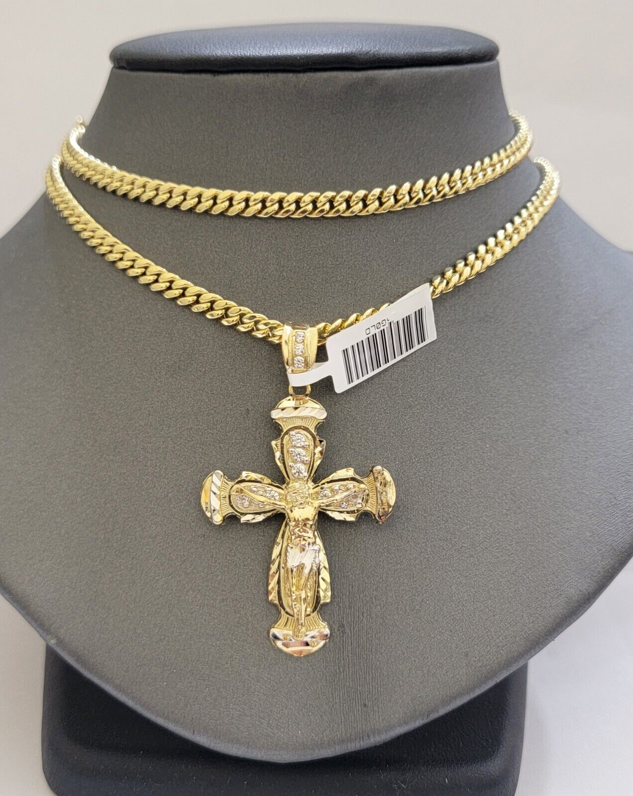 Real 10k Gold Chain Charm Set Cross Pendant Miami Cuban link Necklace 5mm 18-28