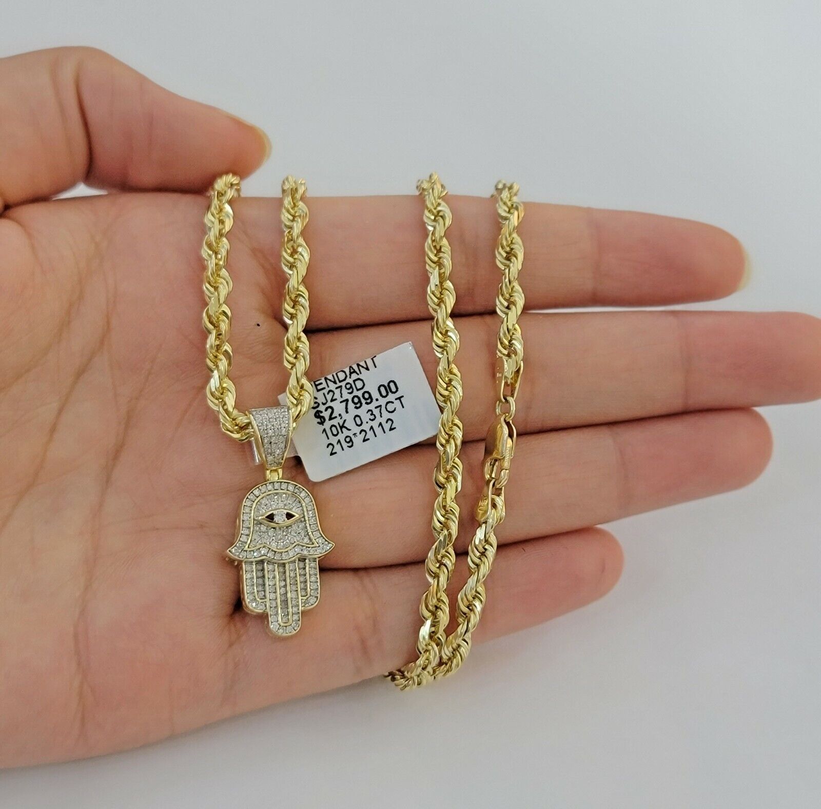 10k Gold Rope Chain necklace Hamsa Diamond Pendant Hamza Charm Necklac – My  Elite Jeweler