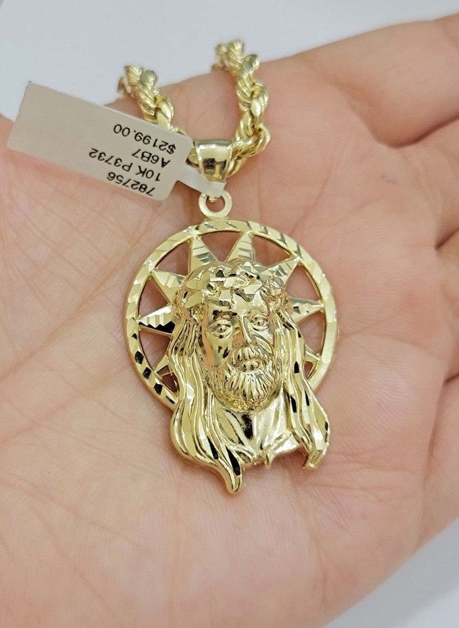 10kt Gold Rope Chain Jesus Head Charm Pendant Set 18-30'' Inch 5mm Necklace SALE