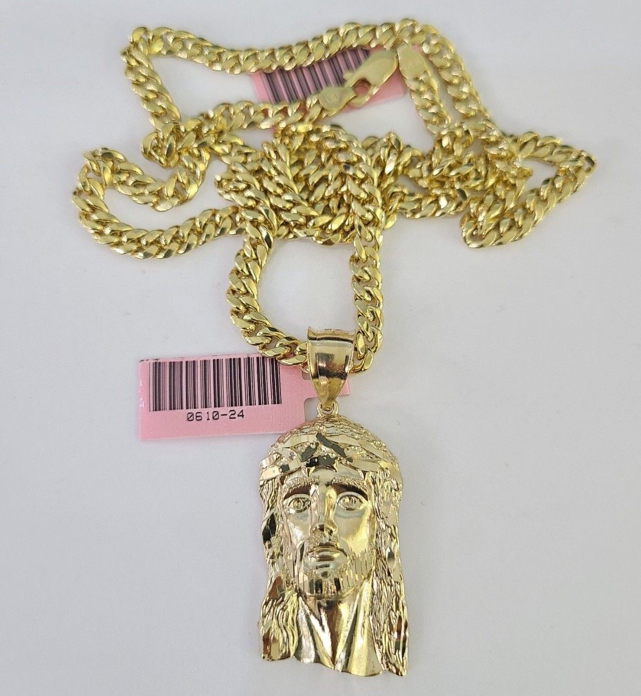 Real 14k Gold Chain Jesus Head Pendant Set 14kt Miami Cuban Link Chain 5mm Charm