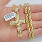 Real 10k Gold Rope Chain 22 inch Jesus Cross Charm Pendant Set 5mm Necklace Mens
