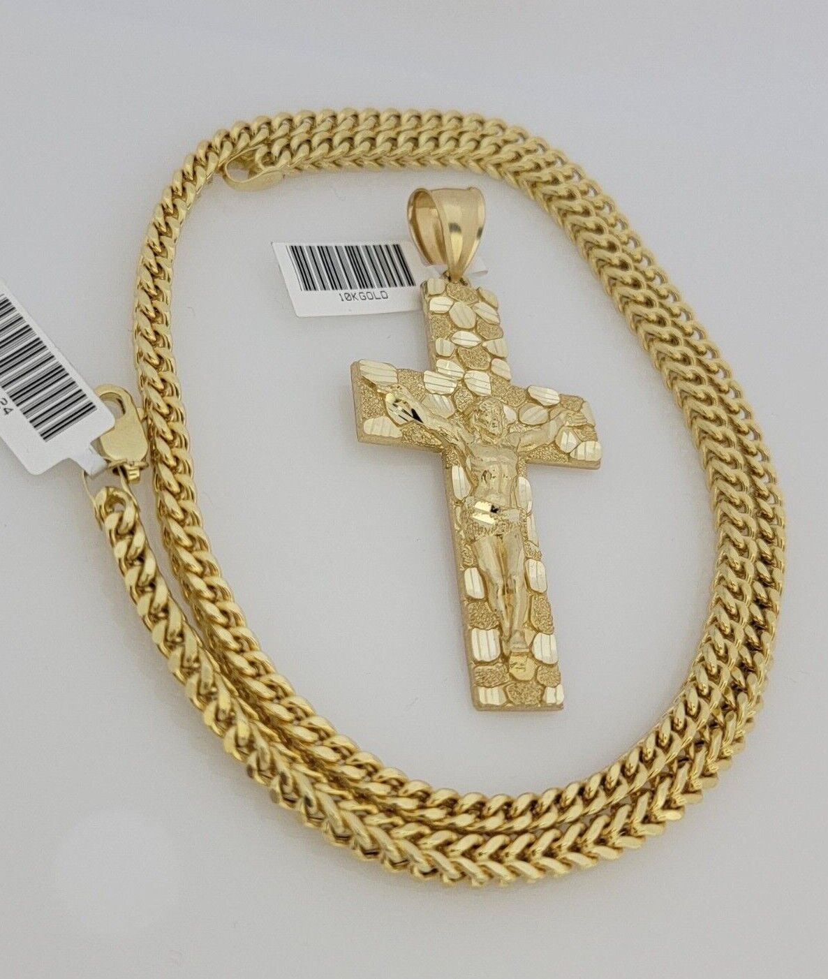 10kt Yellow Gold Franco Chain Necklace Nugget Cross Charm Pendant 5mm 20-26 Inch