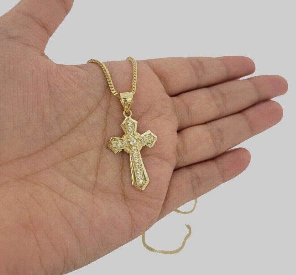 10k Yellow Gold Franco Chain Jesus Cross Charm Pendant 2mm 16-24 Inches Necklace