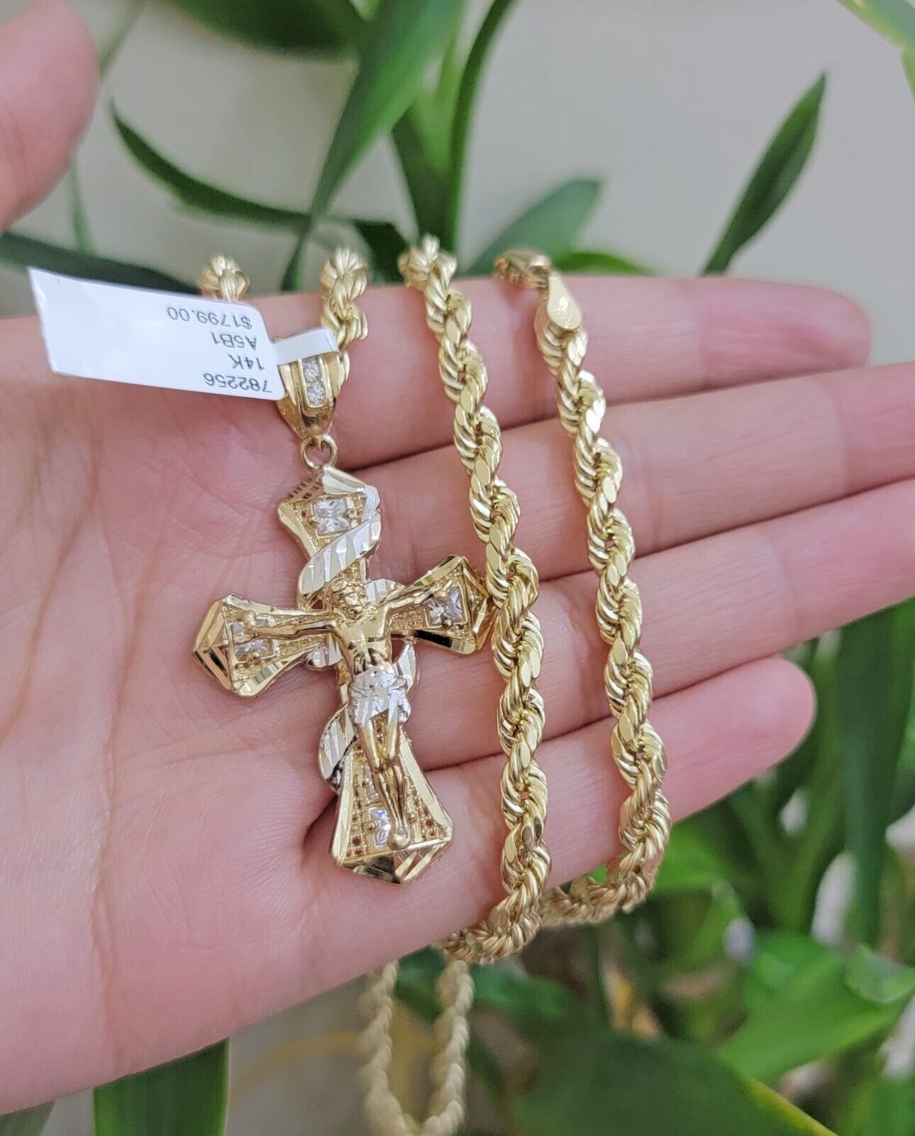 14k Gold Rope Chain Necklace Jesus Cross Charm Pendant Set 18-28" inch 5mm, REAL