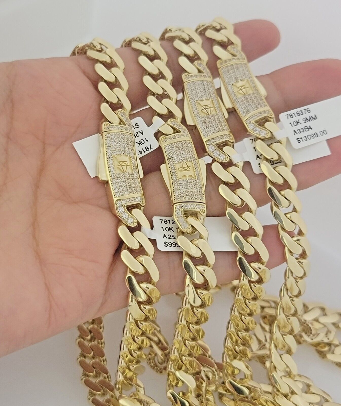 Real 10k Gold chain Cuban Link Monaco necklace 9mm 16-30 Inches CZ Box Lock 10KT