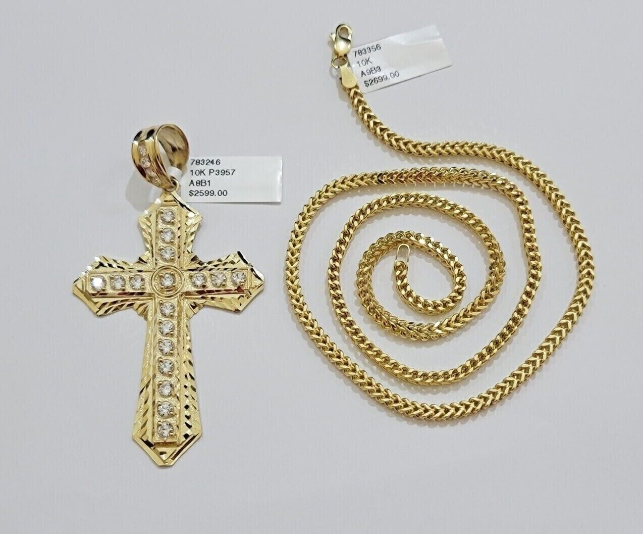 10k Yellow Gold Franco Chain Necklace Jesus Cross Charm Pendant 3mm 18-26 Inches