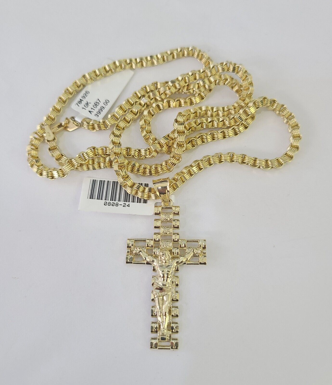 Real 10k Gold Byzantine Necklace Jesus Cross Charm SET Chain 18"-30" 3mm Pendant