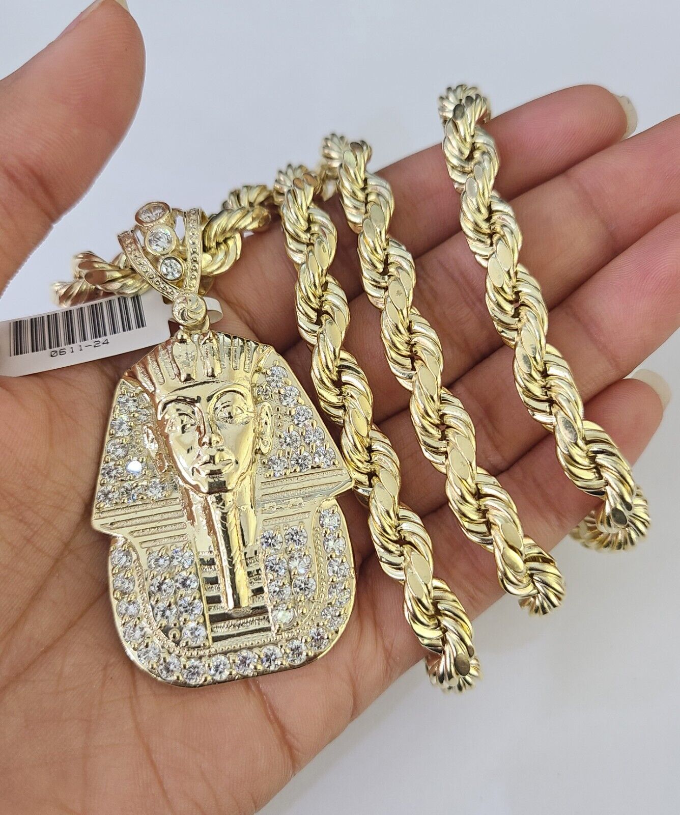 10k Yellow Gold Rope Chain Pharaoh Charm Pendant 18-30''Inch 8mm Necklace