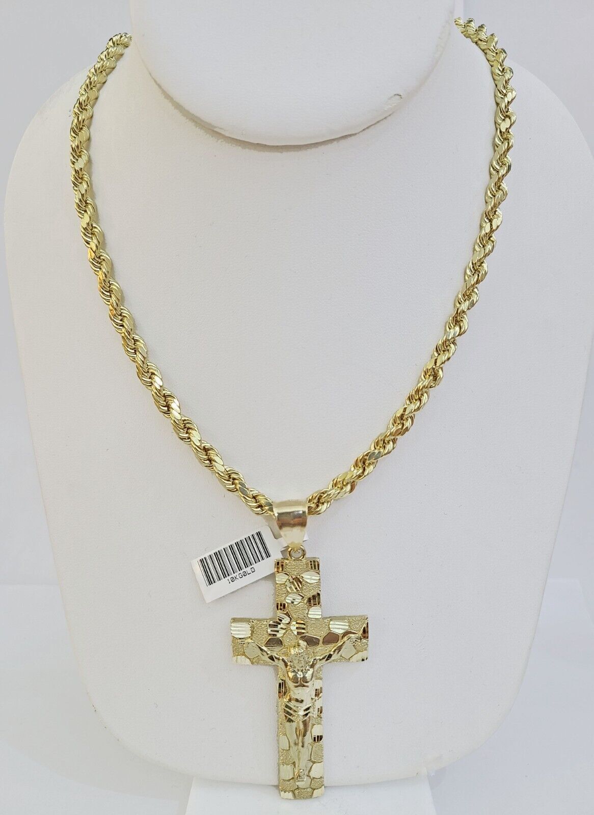 Real 10k Gold Rope Chain Necklace Jesus Cross Charm Pendant Set 20-28" inch 5mm