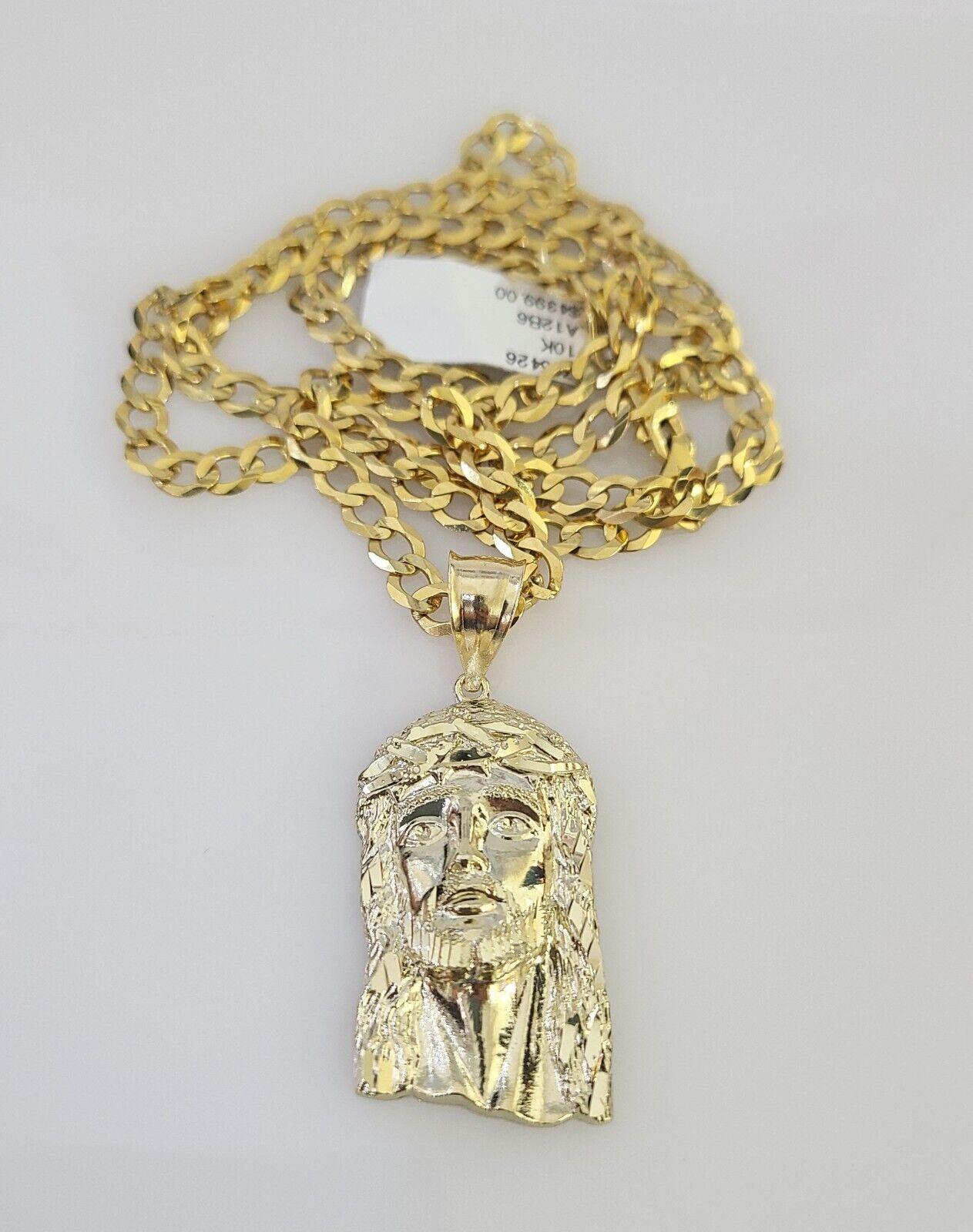 10k Gold Chain Necklace Jesus Head Pendant Set Cuban Curb 5mm 20"-28" Charm