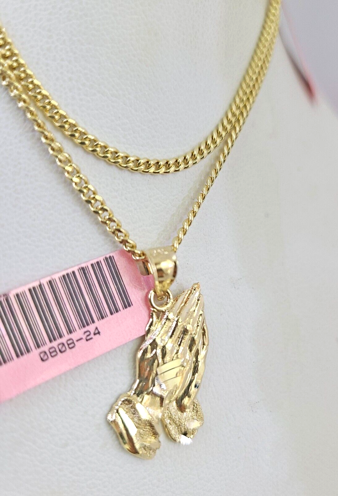 Real 14k Chain Praying Hands Pendant Set 14kt Miami Cuban Link Chain 2mm Charm