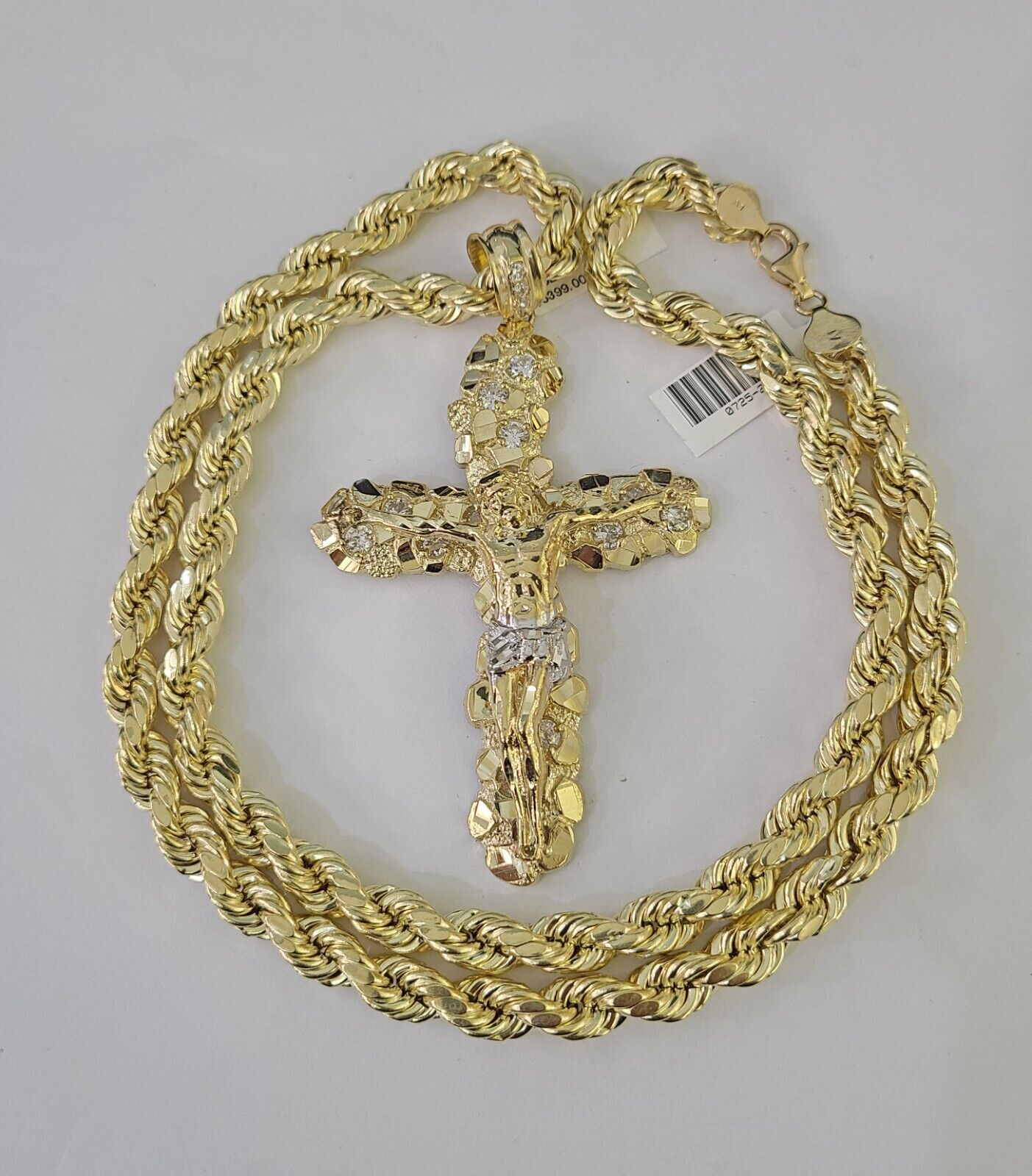 10k Yellow Gold Rope Chain Jesus Cross Charm Pendant 18-30'' Inch 8mm  Necklace