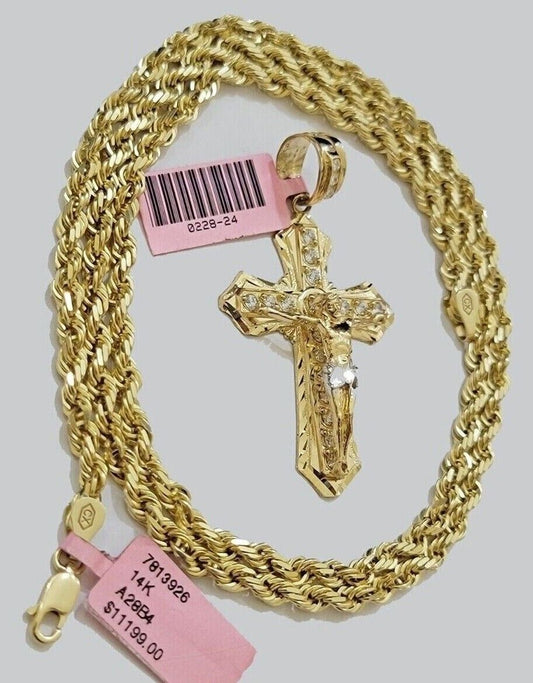 Solid 14kt Gold Rope Chain Necklace Jesus Cross Charm CZ Pendant 28'' Inches 4mm