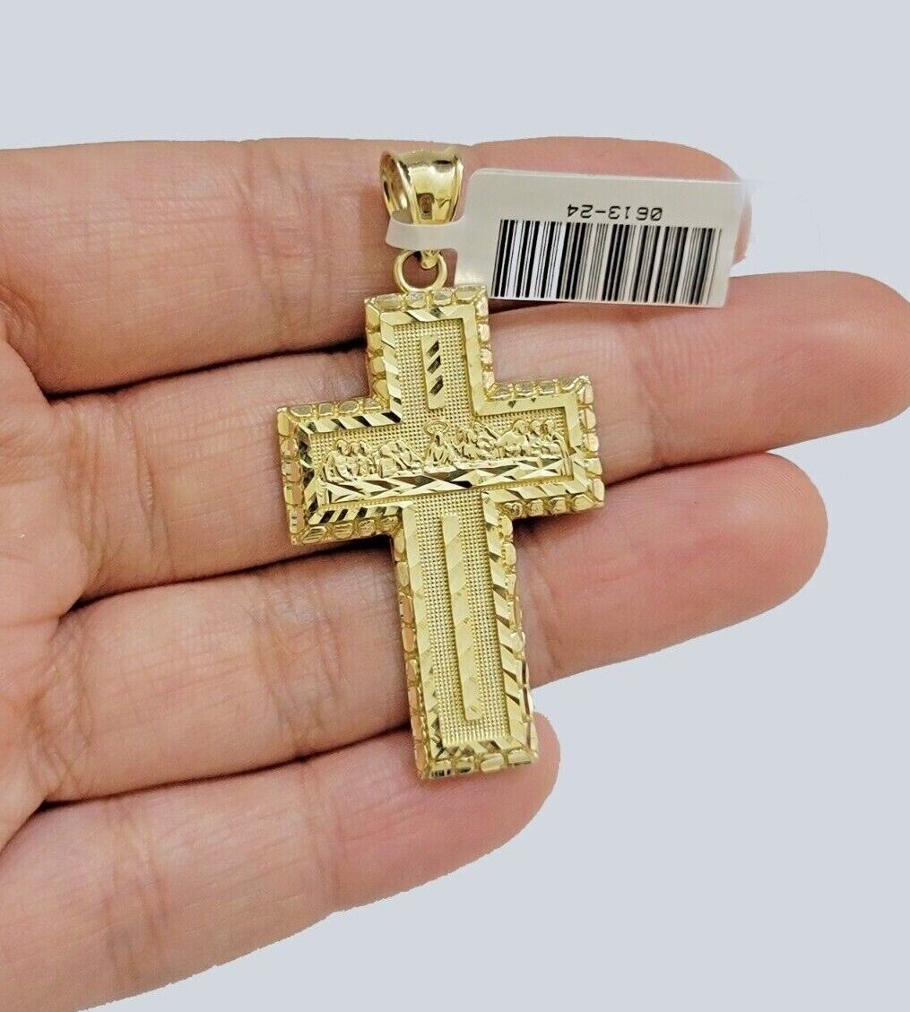 10k Yellow Gold Rope Chain Last Supper Cross Charm Pendant 18-28'' Inch Necklace