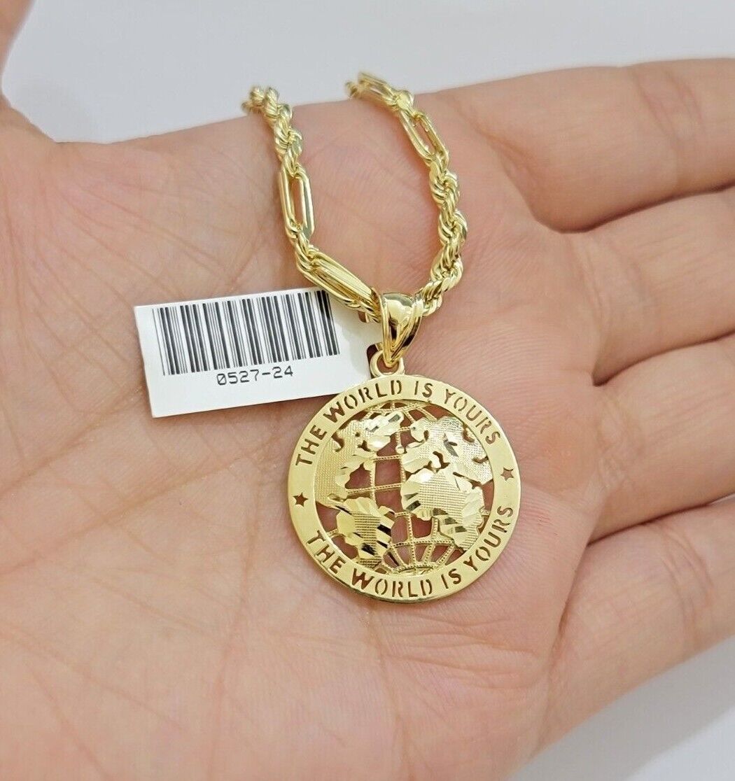 Real 10kt Gold Milano Rope Chain World Map Charm Pendant Set 18-24 Inch Necklace