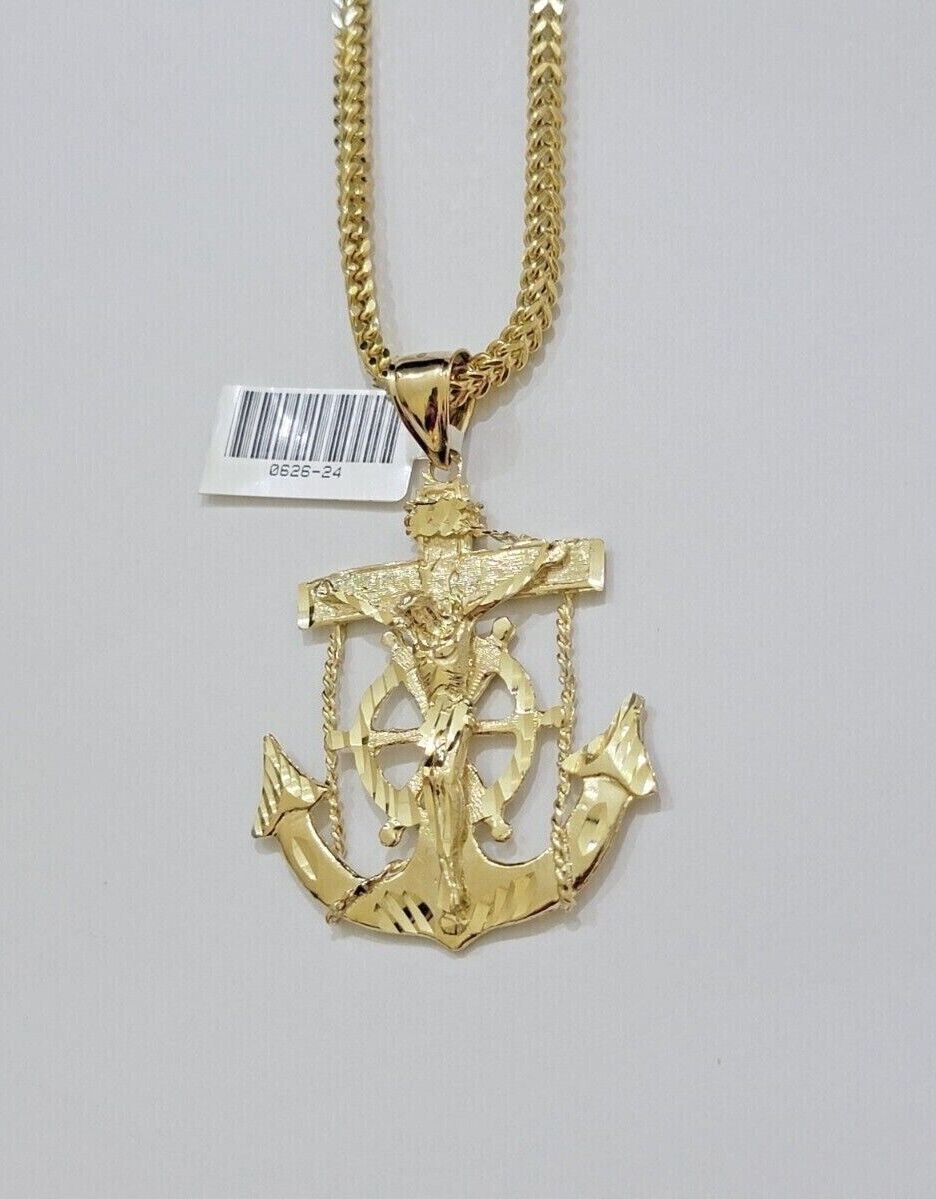 10k Yellow Gold Franco Chain Necklace Anchor Charm Pendant 3mm 18"-26" Inch SALE