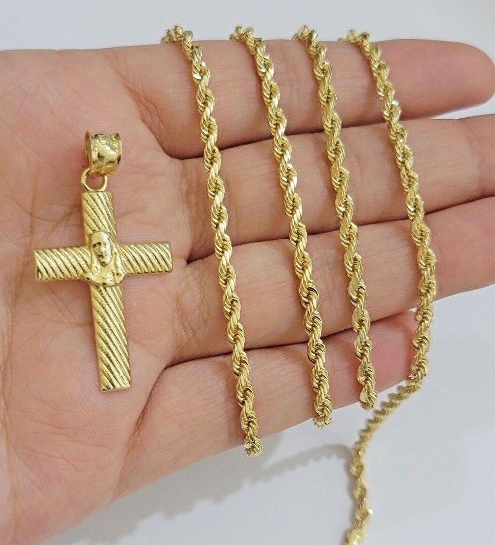 10k Yellow Gold Rope Chain Jesus Cross Charm Pendant Set 18-28'' Inches Necklace