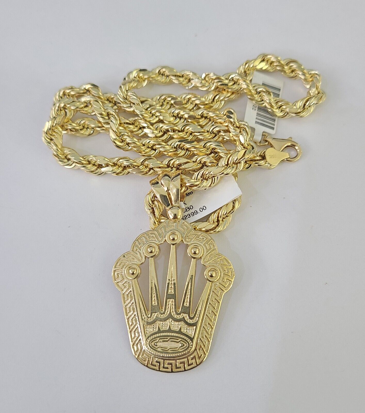 10k Yellow Gold Rope Chain Crown Charm Pendant 18-30'' Inch 7mm  Necklace