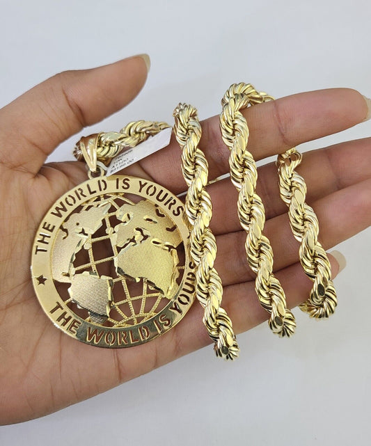 10k Yellow Gold Rope Chain World is Yours Charm Pendant 18-30''Inch 8mm Necklace