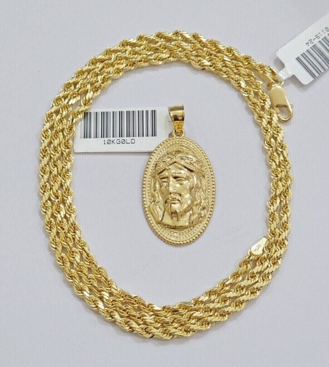 10k Gold Rope Chain Jesus Head Charm Pendant Set 22" Inch 3mm Necklace REAL SALE