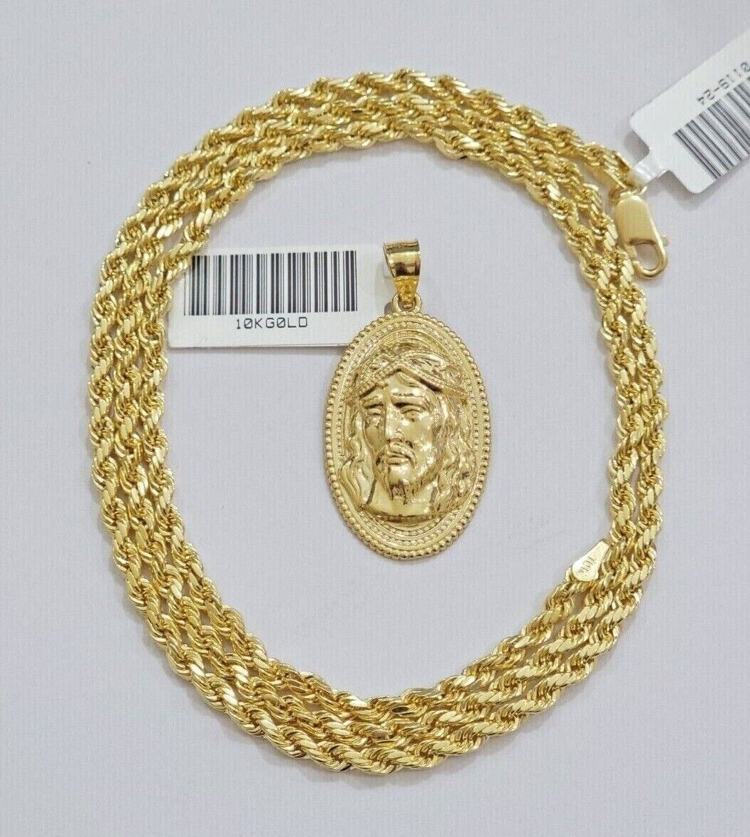 10k Gold Rope Chain Jesus Head Charm Pendant Set 22" Inch 3mm Necklace REAL SALE
