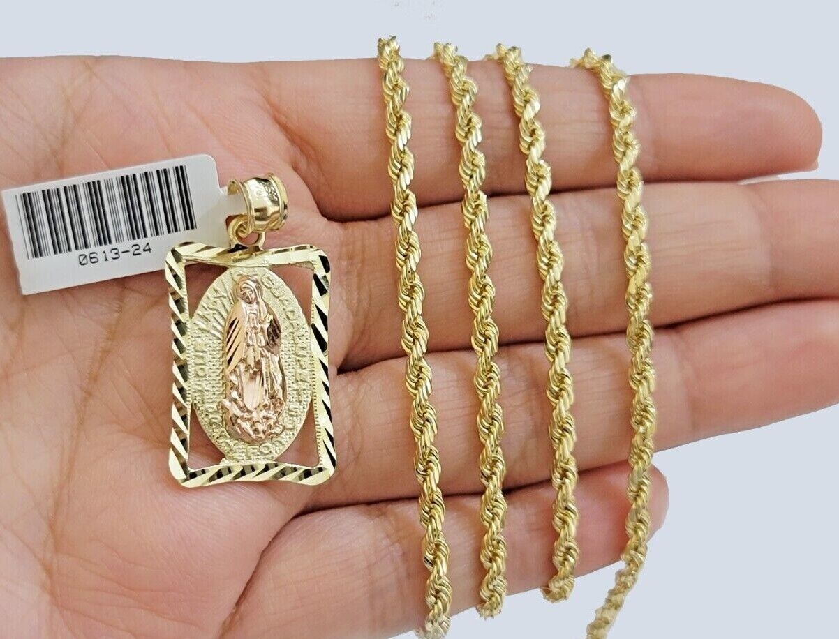 10kt Yellow Gold Rope Chain Virgin Mary Charm Pendant 18-28 Inches Necklace SALE