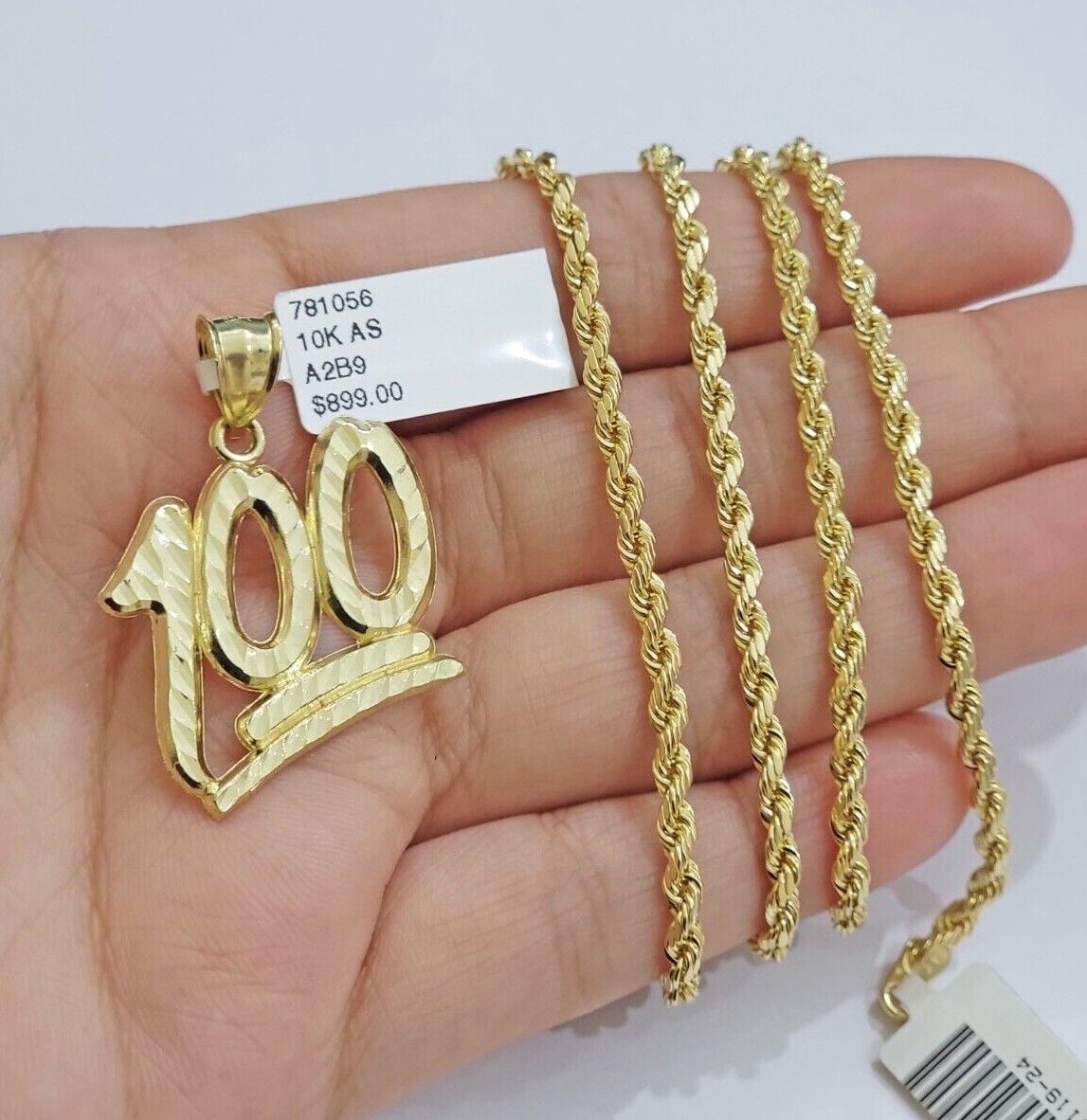 10k Yellow Gold Rope Chain 100 Charm Pendant Set 22 Inch 3mm Necklace REAL SALE