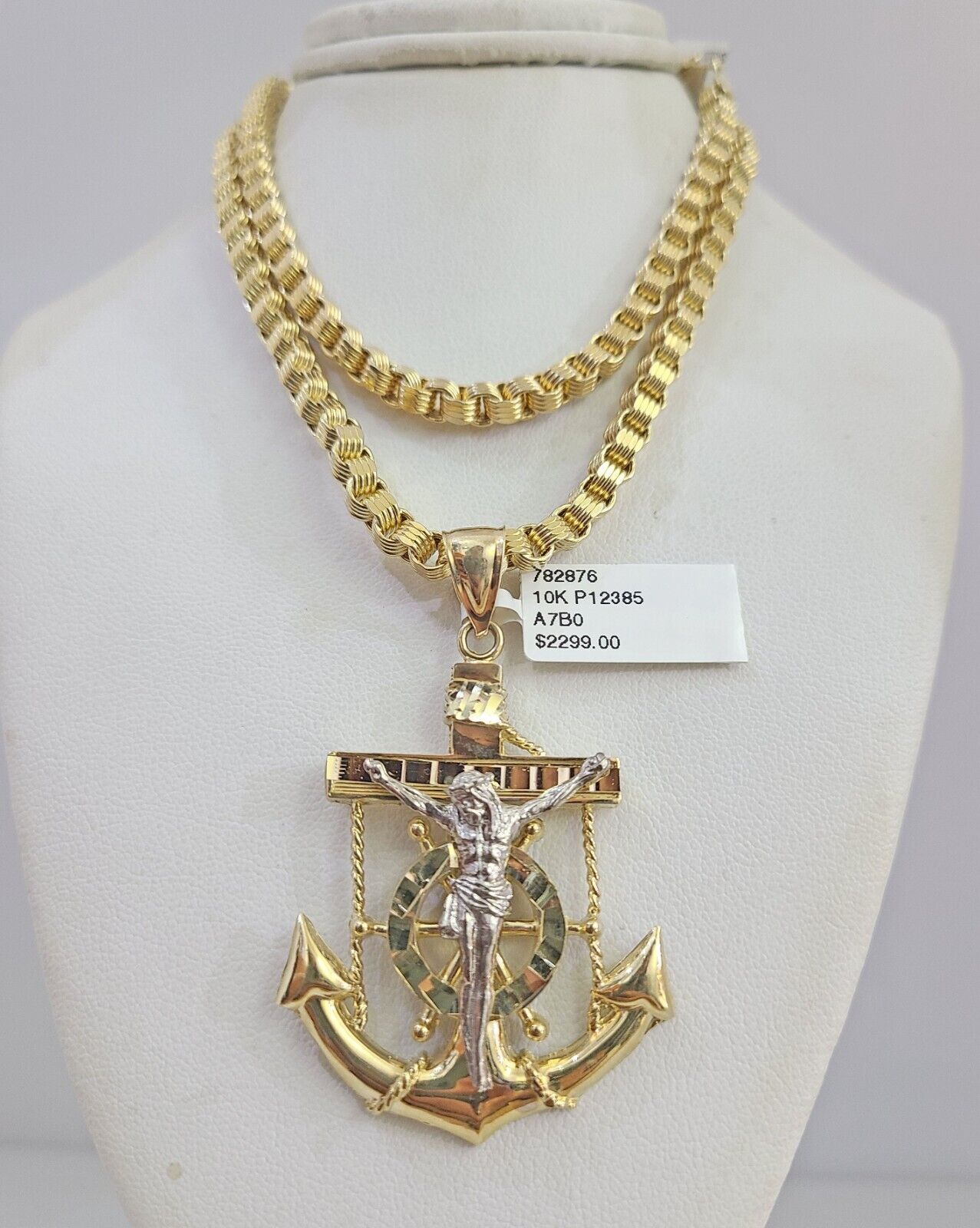 Real 10k Gold Byzantine Necklace Jesus Anchor Charm SET Chain 20"-28" 4mm