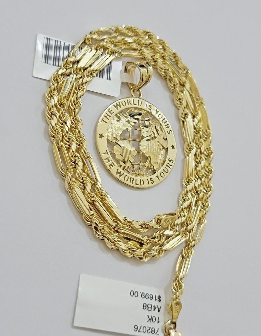 Real 10kt Gold Milano Rope Chain World Map Charm Pendant Set 18-24 Inch Necklace