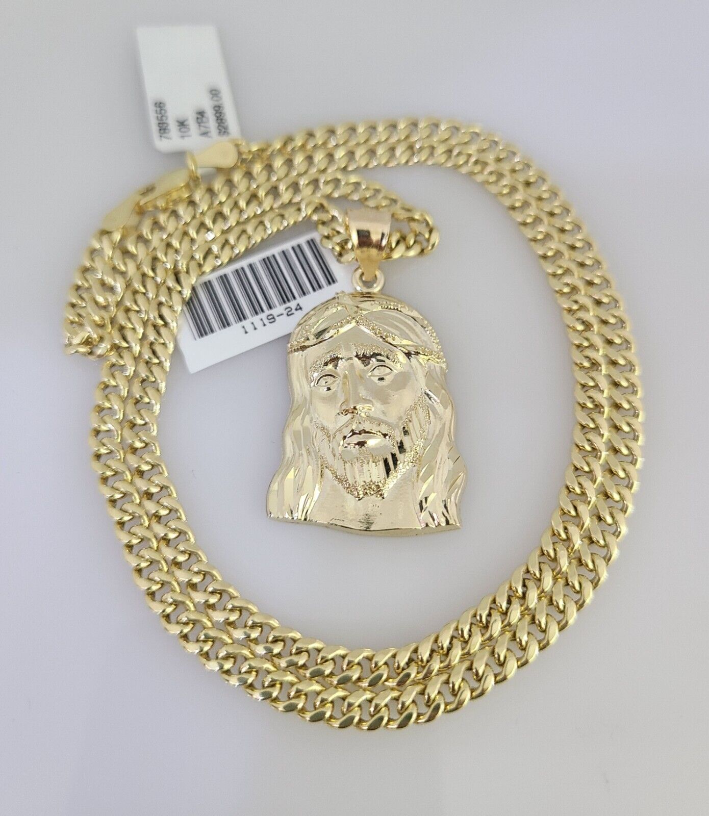 10k Gold Chain Jesus Head Pendant Set Miami Cuban Necklace 4mm 18"-26" Charm