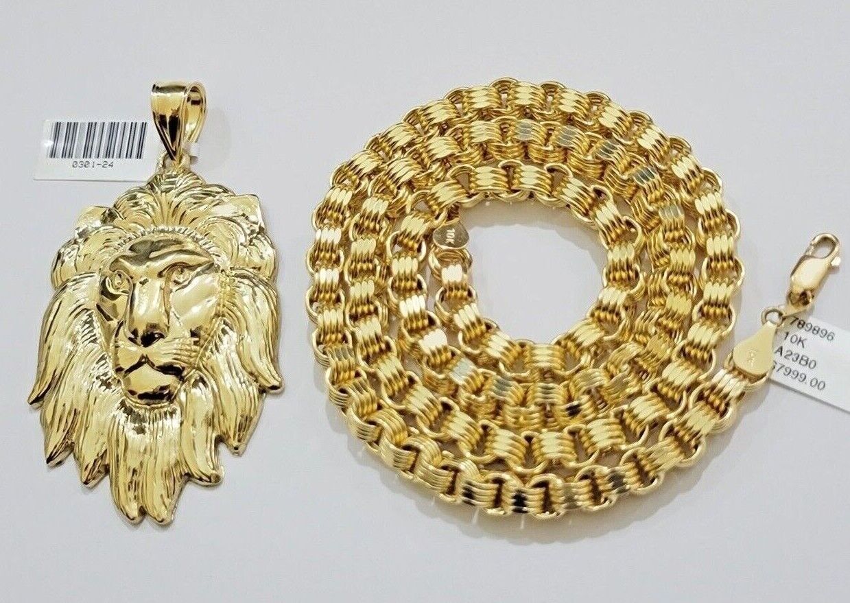 10kt Real Gold Box Byzantine Necklace Lion Charm Pendant SET Chain 6mm 26 Inches