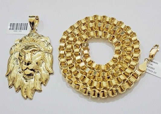 10kt Real Gold Box Byzantine Necklace Lion Charm Pendant SET Chain 6mm 26 Inches