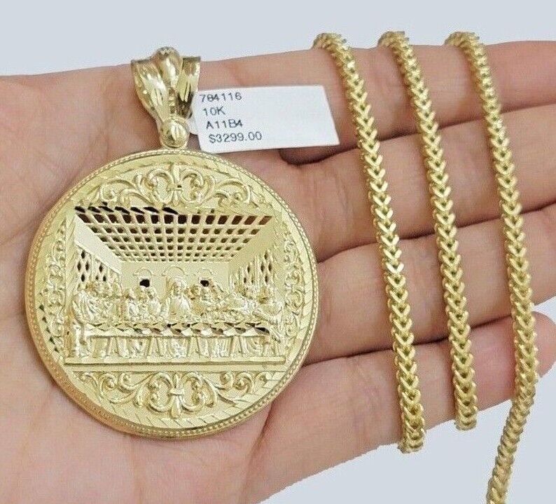 10k Yellow Gold Franco Chain Necklace Last Supper Charm Pendant 3mm 22