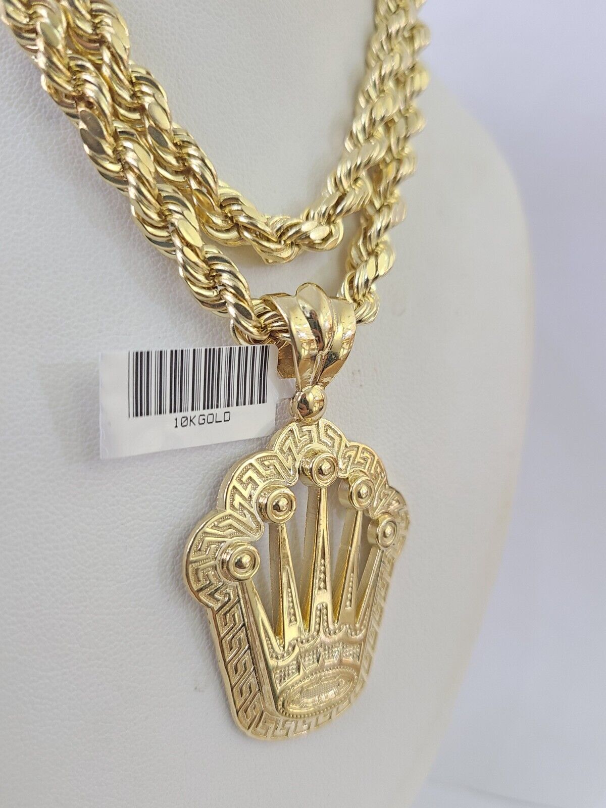 10k Yellow Gold Rope Chain Crown Charm Pendant 18-30'' Inch 7mm  Necklace