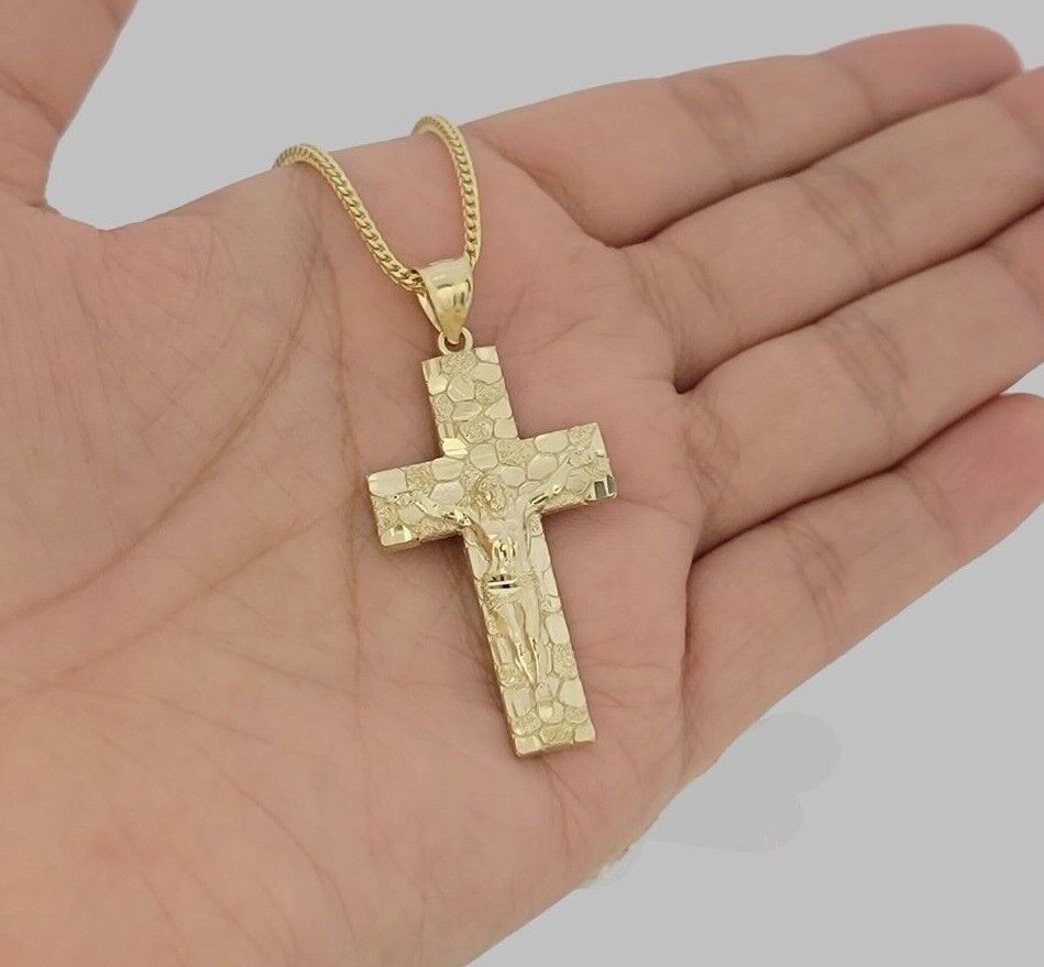 10k Gold Franco Chain Jesus Nugget Cross Charm Pendant 2mm 16-24 Inches Necklace