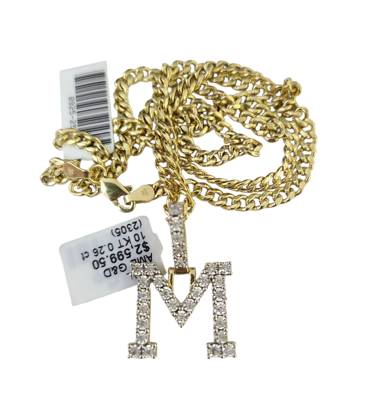 10K Gold Miami Cuban Chain M Diamond Initial 18"-24" 2mm Pendant Necklace SET